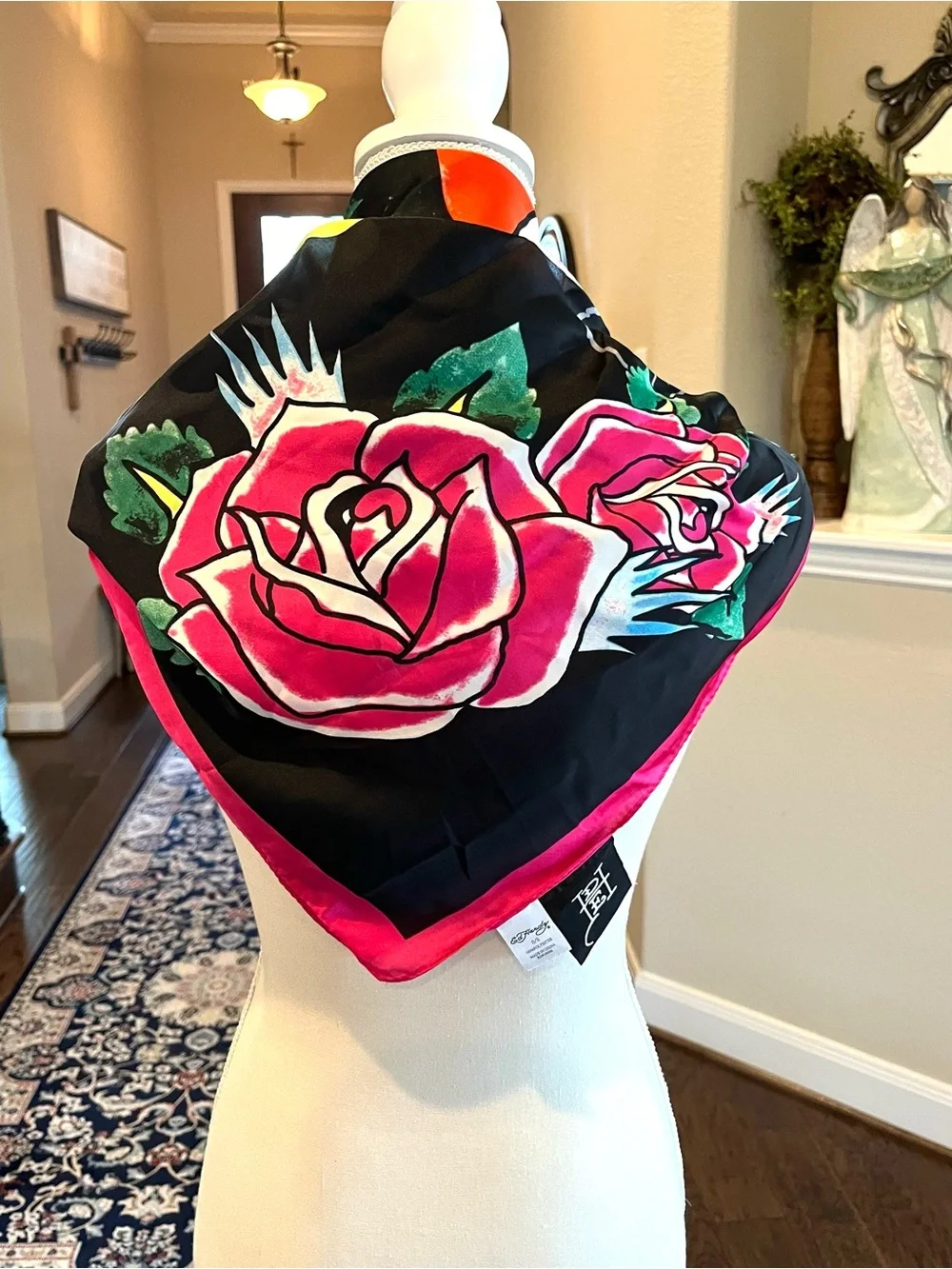 Ed Hardy Black Scarf with Pink Rose Border and Heart Skull Graphic Love